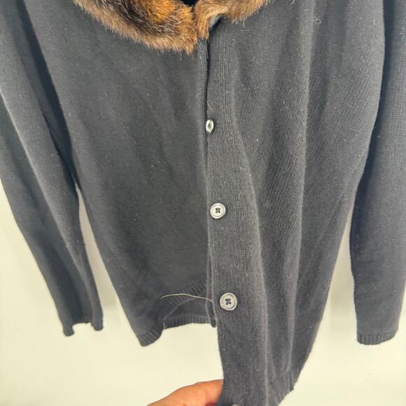Lauren Ralph Lauren Black Merino Cashmere Angora Cardigan Faux Fur Collar Size L - Picture 6 of 9
